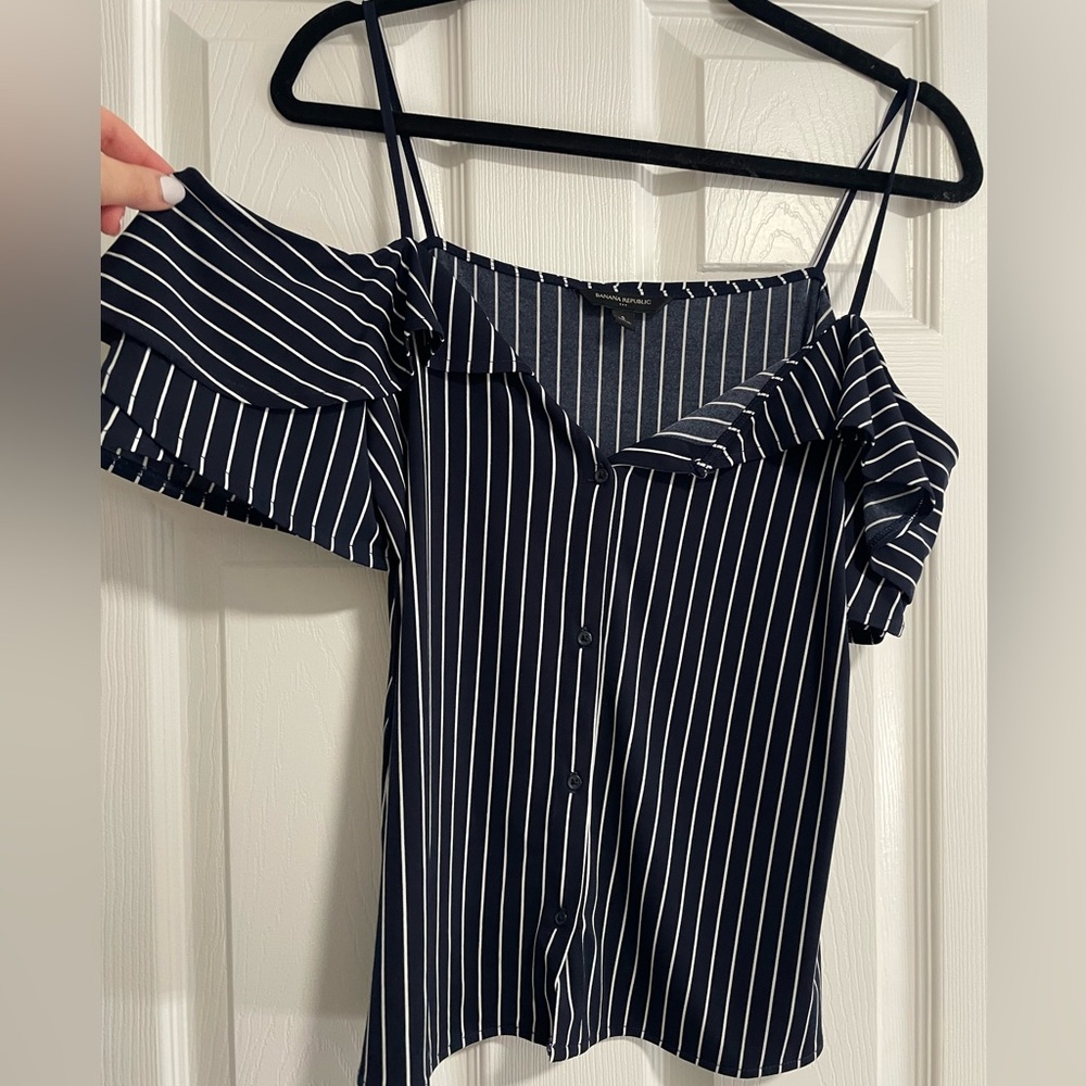 Banana Republic Navy and White Striped Off-Shoulder Top